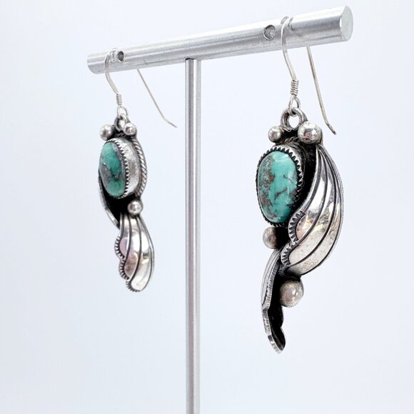 Sterling Silver 925 Turquoise Bezel Set Leaf Design Dangle Earrings 2.25" Length - Picture 3 of 10